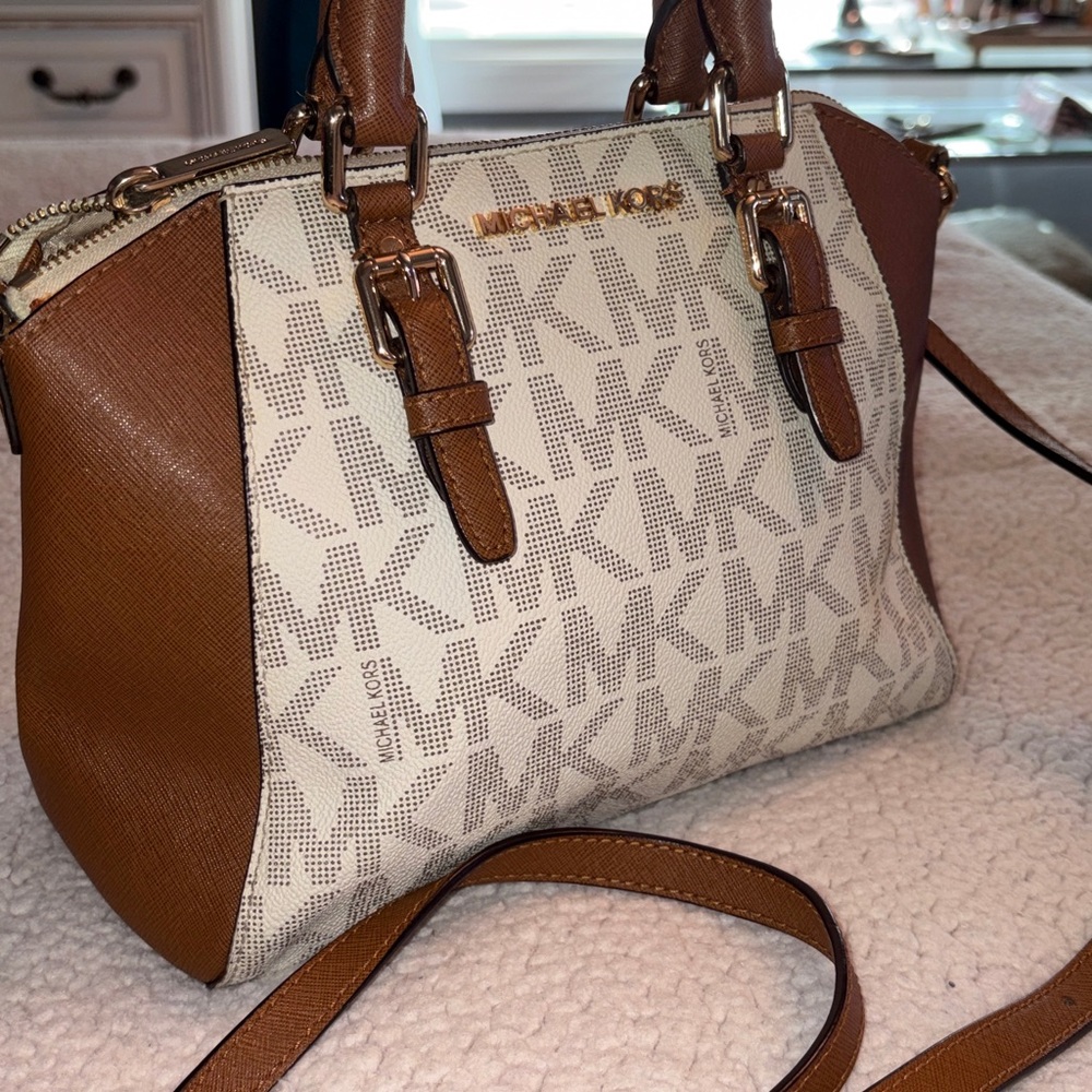 Michael Kors Brown and Cream Satchel Bag with long crossbody strap
